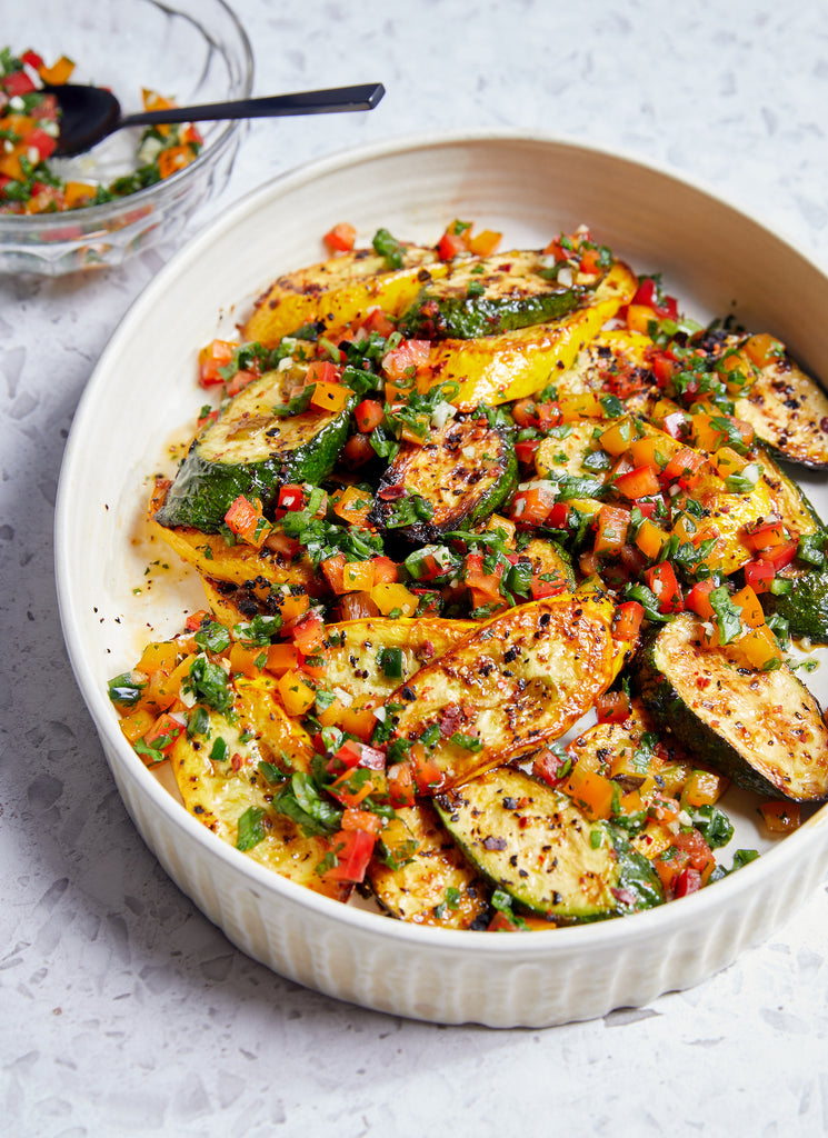 From Flavors of the Sun: Sizzled Zucchini with Pepper Relish