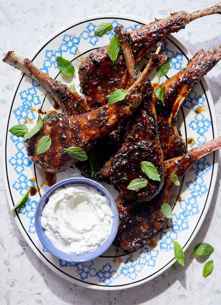 From Flavors of the Sun: Minted Baby Lamb Chops with Pomegranate Glaze